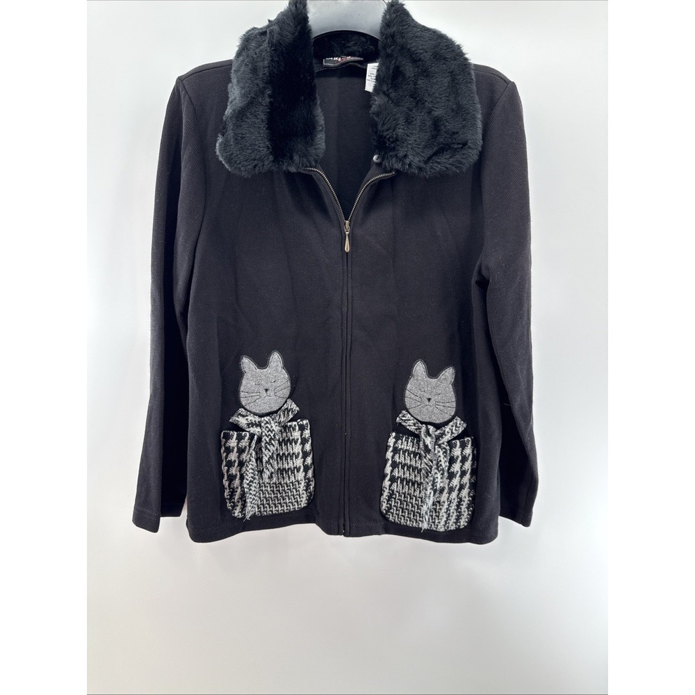 Onque Casuals Cardigan Sweater Black M Full Zip Faux Fur Collar